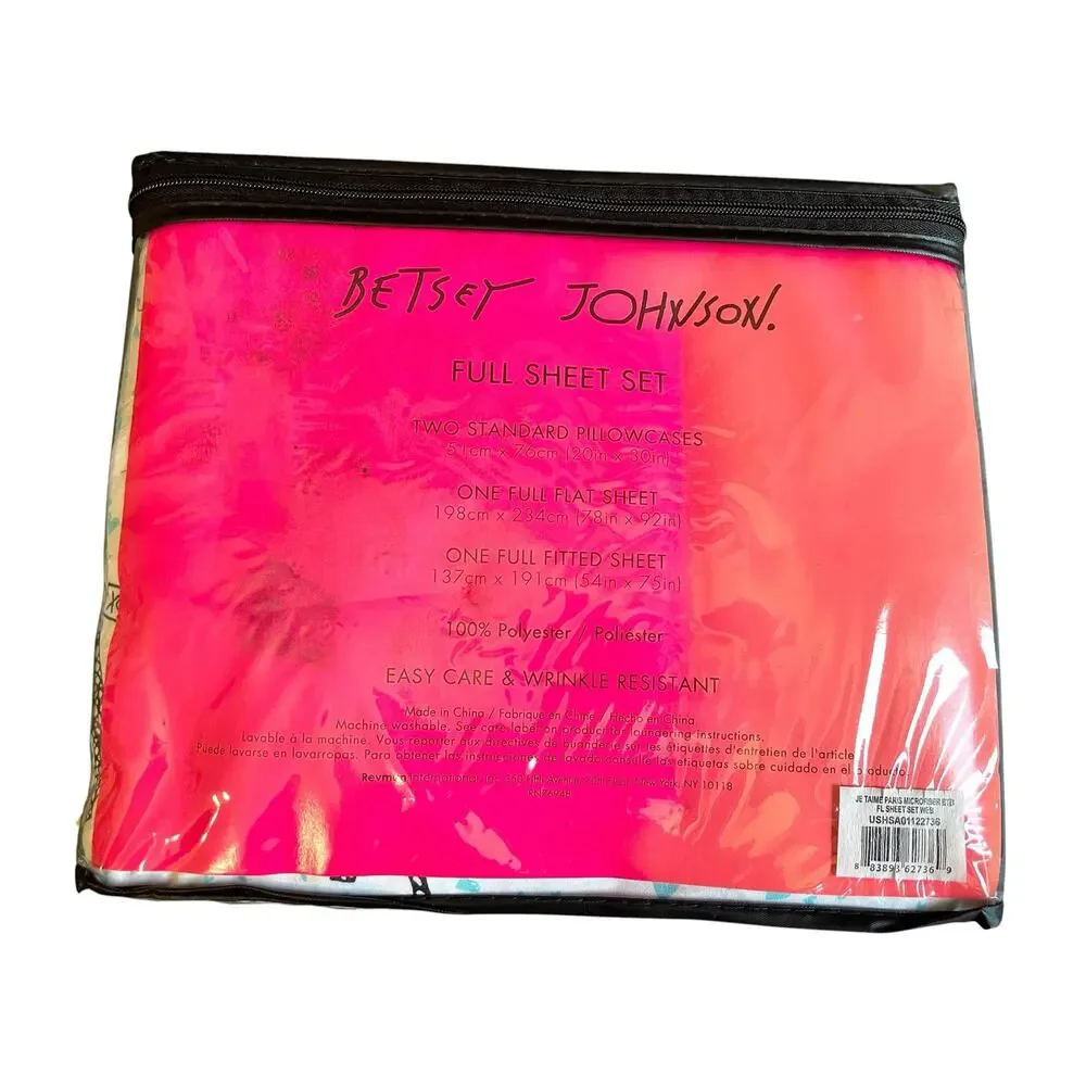 Betsey Johnson Full Sheet Set 4 pieces Paris Eiffel Tower Je T'aime Teal Heart